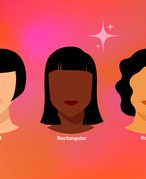 Illustration of three heads with different face shapes and different bob haircuts on a pink and orange background