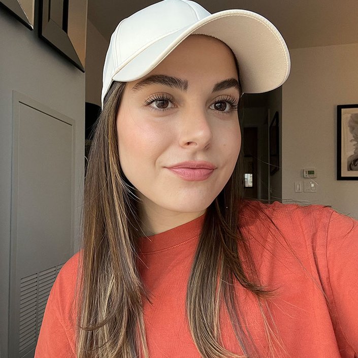 Alyssa wearing Giorgio Armani Beauty Lip Power Longwear Satin Lipstick in 104 Selfless