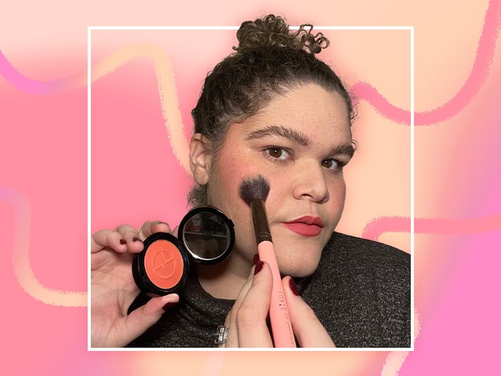 editor wearing Giorgio Armani Beauty Luminous Silk Glow Blush collaged on a pink graphic background