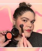 editor wearing Giorgio Armani Beauty Luminous Silk Glow Blush collaged on a pink graphic background