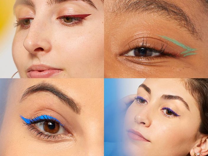 Four pictures of four different people wearing different colored eyeliners