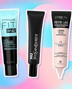 The L’Oréal Paris Prime Lab Up to 24H Pore Minimizer, the Maybelline New York Fit Me Matte+ Poreless Primer and the YSL Beauty Nu Blotting Lotion collaged on a pink and blue graphic background