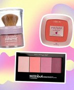 Image of three blushes on a purple and yellow graphic background 