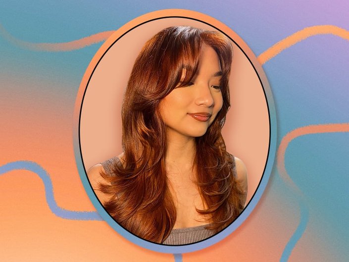 Photo of a person with long copper hair cut in layers, collaged on a blue and orange graphic background