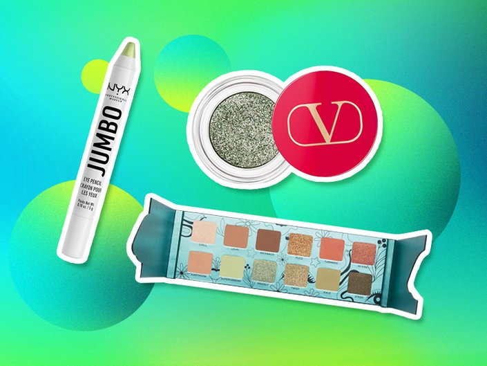 Green collage with photos of the Urban Decay Wild Greens Eyeshadow Palette, Valentino Beauty Dreamdust Glitter Eyeshadow in Emerald Queen and NYX Professional Makeup Jumbo Eye Pencil in Matcha