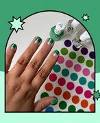 Green collage with green half-moon nail art. 
