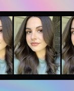Triptych featuring a woman with brown hair and natural foundation, shown in three identical images.