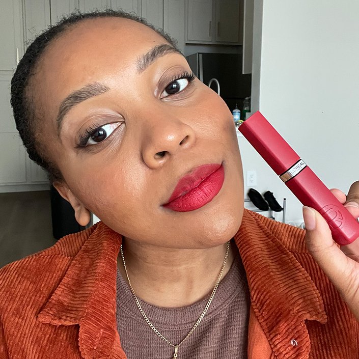 kat wearing the le matte resistance liquid lipstick