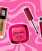 L’Oréal Paris Infallible 24H Fresh Wear Foundation, L’Oréal Paris Infallible Up to 24H Fresh Wear Soft Matte Blush and L’Oréal Paris Infallible Matte Resistance Liquid Lipstick collaged on a pink graphic background