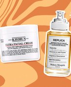 Collage of Kiehl’s Ultra Facial Cream and Maison Margiela Replica By the Fireplace Perfume on an orange graphic background