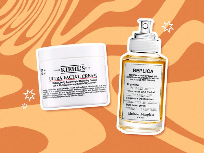Collage of Kiehl’s Ultra Facial Cream and Maison Margiela Replica By the Fireplace Perfume on an orange graphic background