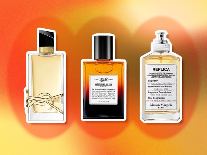 three fragrance bottles on graphic background