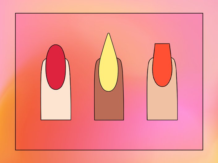 illustration of fingers with painted nails in various nail shapes, on a pink and orange graphic background