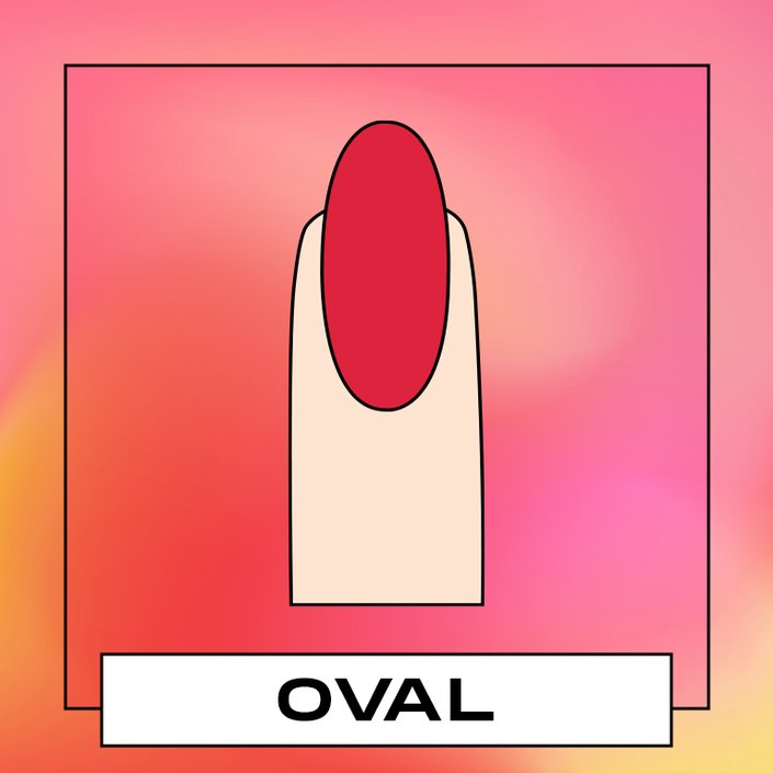 Illustration of a finger with an oval shaped nail painted red with a pink graphic background