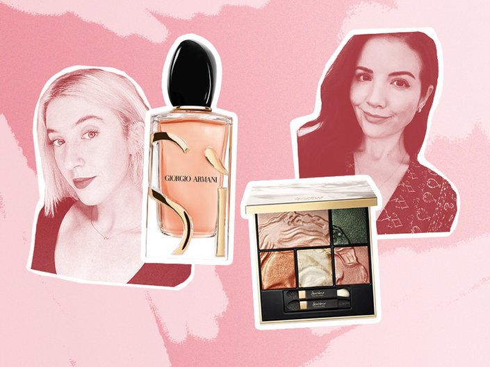 editor photos collaged on a pink background with makeup products including a palette and a perfume