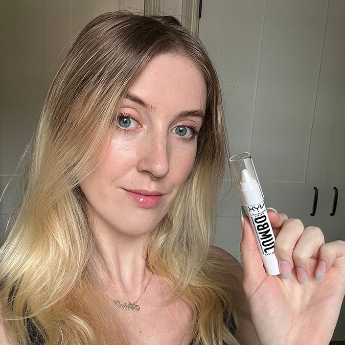 Ariel wearing the NYX Professional Makeup Jumbo Multi-Use Highlighter Stick in Vanilla Ice Cream