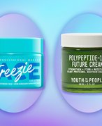 Primer and moisturizer on a graphic background