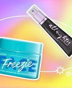 NYX Professional Makeup Face Freezie Cooling Primer + Moisturizer and Urban Decay All Nighter Face Primer collaged on a tie-dye rainbow background