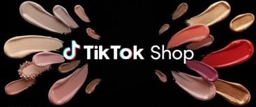 TikTok Shop logo centered on a black background, surrounded by various makeup swatches in beige, pink, red, and brown tones, evoking a creative and vibrant vibe