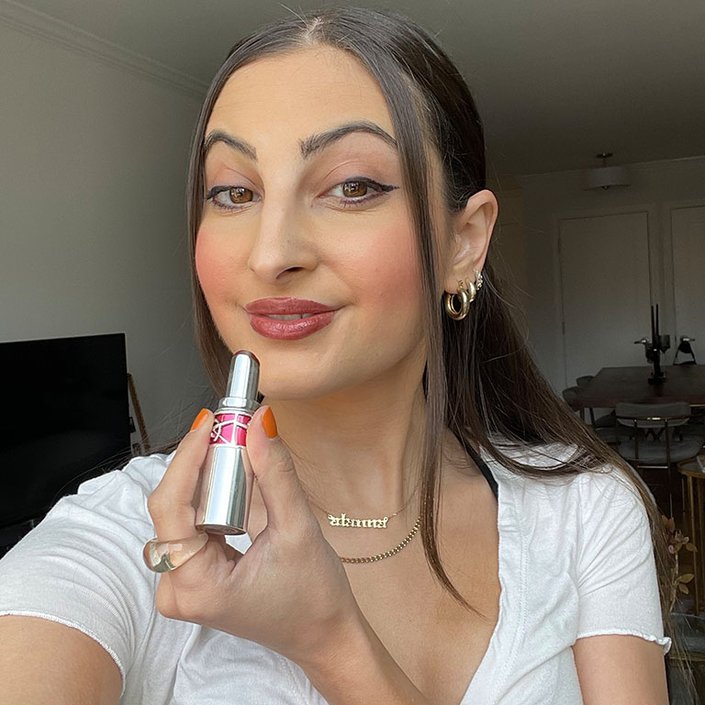 Alanna wearing the YSL Beauty Rouge Volupté Candy Glaze Lip Gloss Stick in Cacao No Boundary