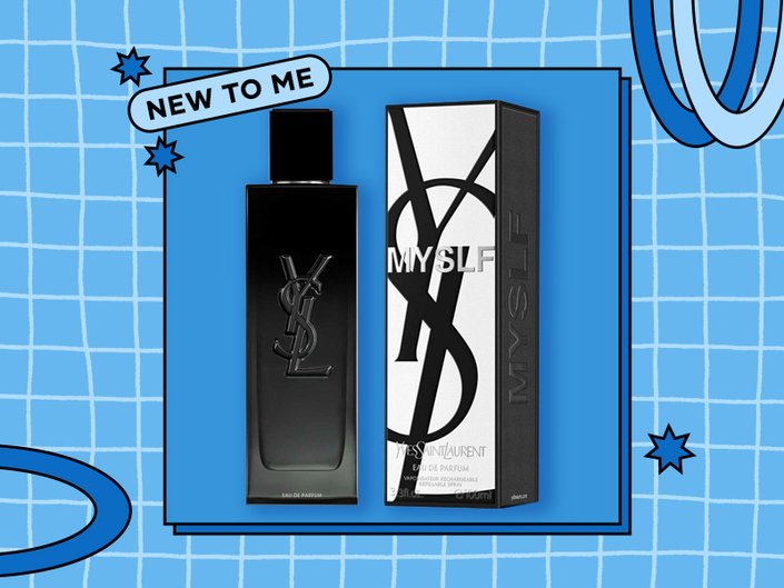 Collage of the YSL Beauty MYSLF fragrance on a blue graphic background