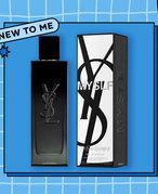 Collage of the YSL Beauty MYSLF fragrance on a blue graphic background
