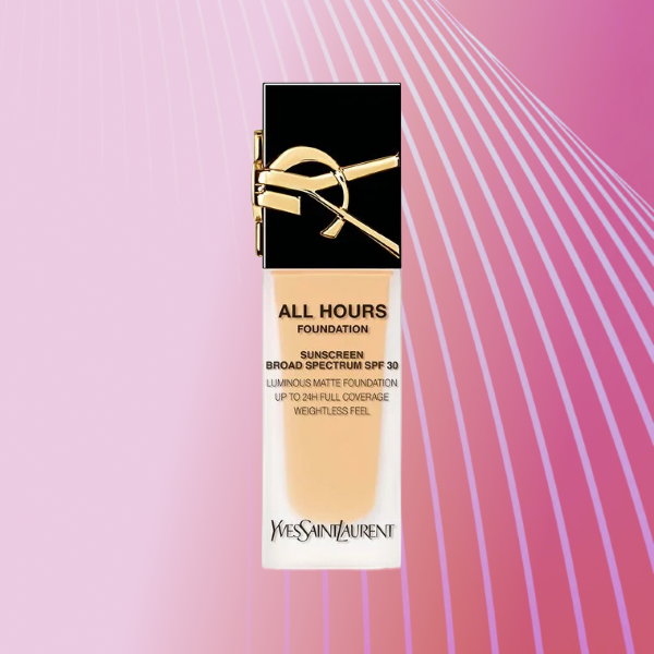YSL All Hours Foundation on a pink background