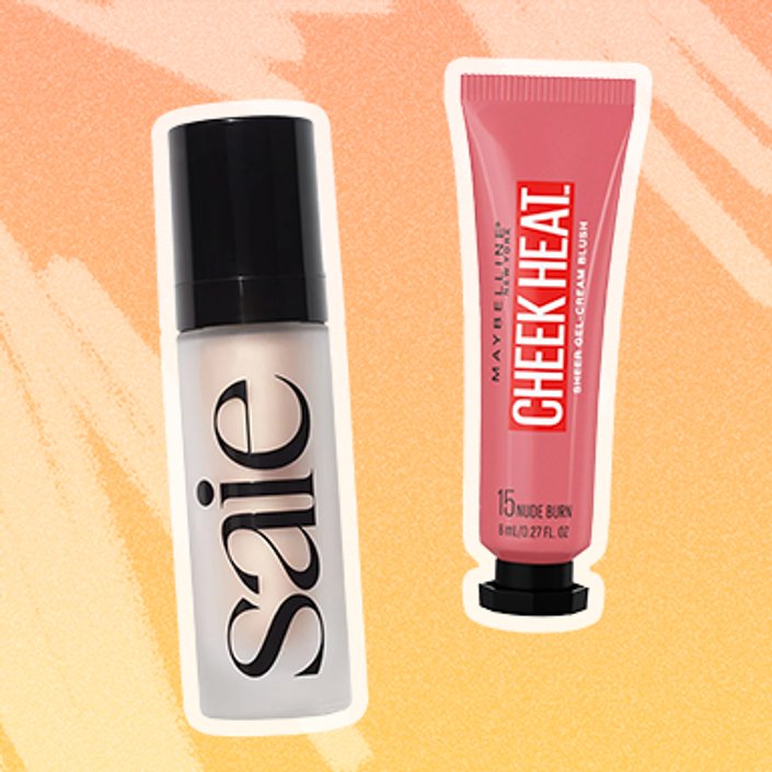 photo of Maybelline Cheek Heat in Nude Burn and Saie Glowy Super Gel in Universal Champagne